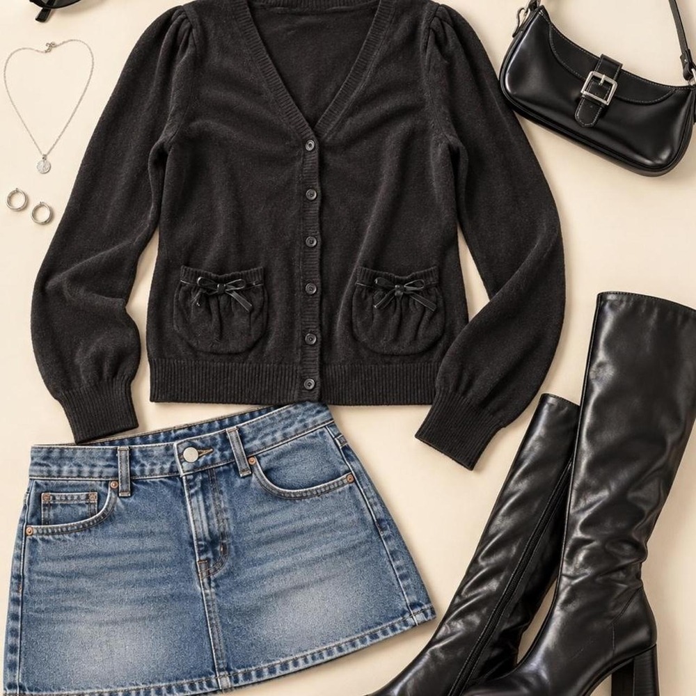 LOFT black bow-pocket cardigan. Soft button-front knit with a V-neckline. Size M